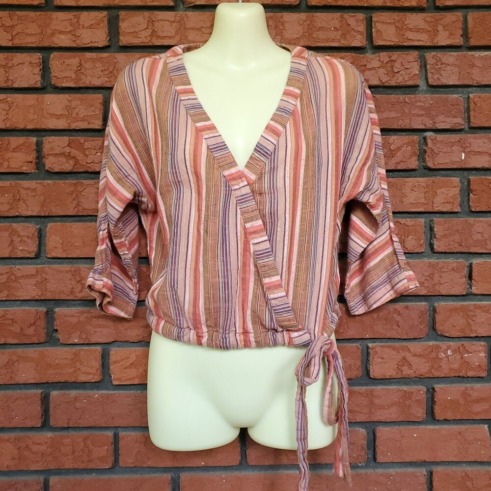 Striped Faux Wrap Top Size S 100% Cotton 3/4 Sleeve Tie Waist Boho Indie Lagom